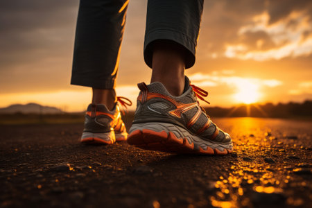 A close up of athlete's shoes who is ready to start running at the spectacular sunrise/sunsetの素材
