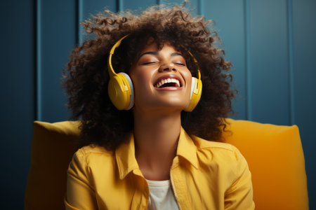 Brown girl in yellow shirt with long curly hair listens to music with yellow headphones on the gray background and laughtsの素材