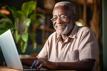 Old man of African descent in a light pink shirt and glasses uses a laptop at home and smiles happilyの素材