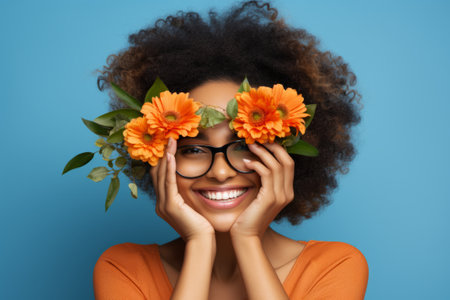 African girl with glasses in orange shirt with orange flowers smiles happily on the blue backgroundの素材