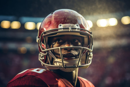 Portrait of an American football player of African descent in red uniform and helmet on a fieldの素材
