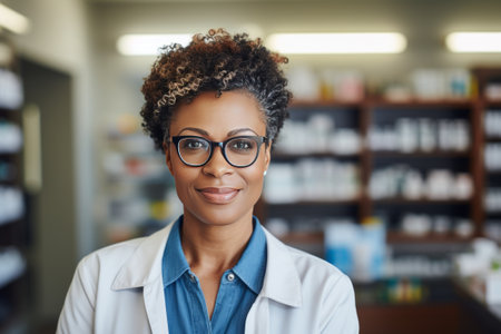 Portrait of a middle-aged female pharmacist of African descent in white clothes with glasses smiles happily and looks at the cameraの素材