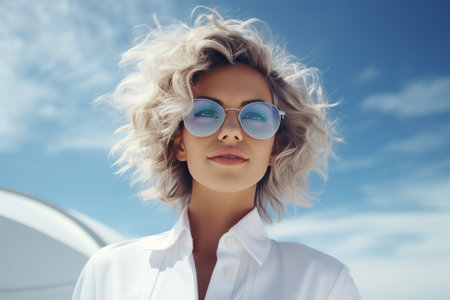 Portrait of a white blond girl in white shirt with blue glasses who smiles confidently and looks at the camera on blue backgroundの素材
