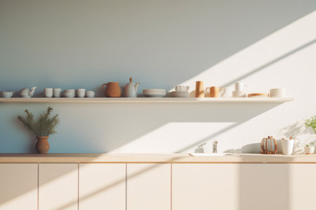 Interior of modern minimalist Scandi style kitchen. White facades, open shelves with utensils and dinnerware, wooden countertop, home appliances, beautiful light from window. Contemporary home design.の素材