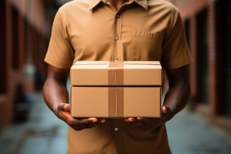 Cropped shot of male delivery courier with cardboard boxes in a city street. Positive man delivering parcel to a client. Logistic and delivery concept.の素材