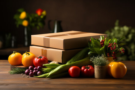 Still life of colorful fresh vegetables, greenery and cardboard packages. Red tomatoes, yellow pepper, orange tangerines, green lettuce. Organic products delivery concept. Black studio background.の素材