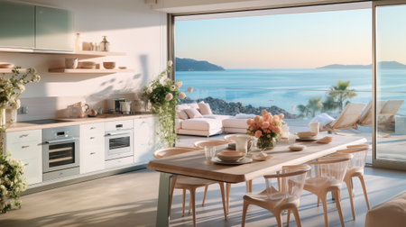 Cozy light kitchen interior with fancy modern furniture, dining area, spacious terrace and picturesque sea view. Luxury villa in a sea shore. Contemporary home design.の素材