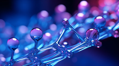 Macro shot of DNA molecule. Scientific image of cell structure. Colorful detailed view of living matter. Ordered atomic composition of molecule. Biology, physics or chemistry abstract background.の素材