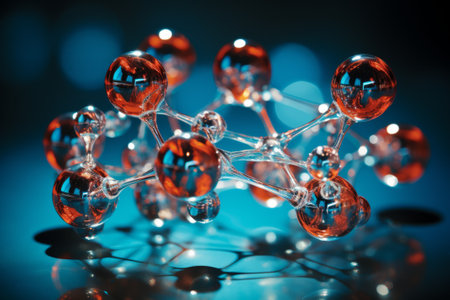 Colorful realistic model of molecule. Scientific image of cell structure. Detailed view of organic matter. Ordered atomic composition of molecule. Biology, physics or chemistry abstract background.の素材