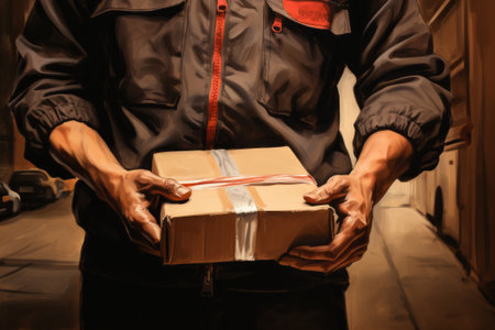 Cropped close-up shot of a male courier holding out cardboard box. Postman delivering parcel to a client. Online trade and delivery concept. Mock up, put your logo on a box.の素材