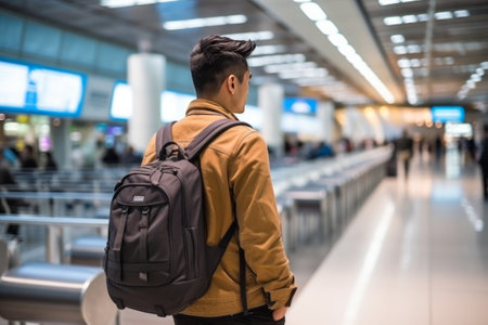 Young Asian man with backpack standing in airport terminal. Handsome confident student traveler starting his journey in domestic or international airport. Youth tourism, vacation concept.の素材