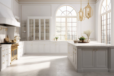 Interior of modern luxurious kitchen classic style. White cabinets with gilded handles, kitchen island with white marble countertop, built-in home appliances, vintage pendant lights. Home design.の素材