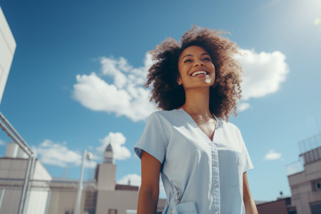 Half-length portrait of young charming African American woman in casual clothes outdoors against the summer blue sky. Beautiful black girl with afro hairstyle looking up and smiling happily.の素材