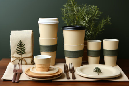 Catering and street fast food paper cups, plates, containers. Eco-friendly food packaging, wooden cutlery and cotton eco bag on green background. Zero waste and recycling concept.の素材