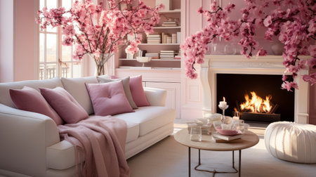 Interior of modern classic cozy living room in pink colors. Comfortable sofa with cushions, ottoman, coffee table, branches with pink flowers in vases, fireplace. Beautiful light from the window.の素材