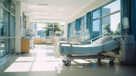 Foto de Interior of empty ward in modern hospital. Recovery room with bed and complex medical equipment. Clean and comfortable room with bed in a new medical center for treatment and examination of patients. - Imagen libre de derechos