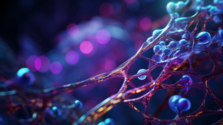Macro shot of DNA molecule. Scientific image of cell structure. Colorful detailed view of organic matter. Ordered atomic composition of molecule. Biology, physics or chemistry abstract background.の素材