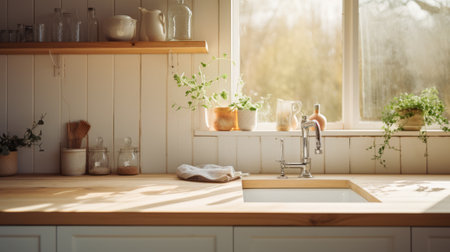 Brightly lit kitchen interior. Big window . Accessories and potted plants. The concept of a modern and stylish kitchen.の素材