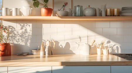 kitchen in Scandinavian style, bright, atmospheric, with shelves on the wall and dishes.の素材