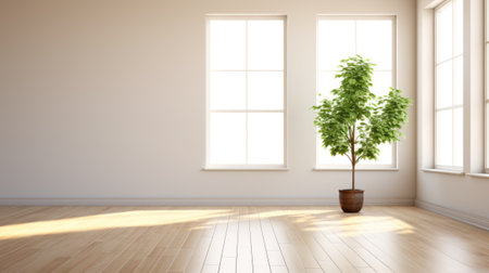 Empty bright room with window and plants in pots.の素材