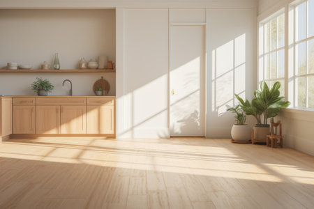 Empty bright room with window and plants in pots.の素材