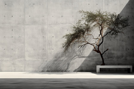 Black and white picture of a tree in the background of ultra-modern minimalist building made of concrete and glass. Live object and grey monochrome inanimate background combination.の素材
