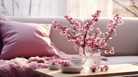 Fragment of a modern cozy living room in pink tones. Branches with pink sakura flowers in a vase standing on the table. Beautiful light from the window.の素材