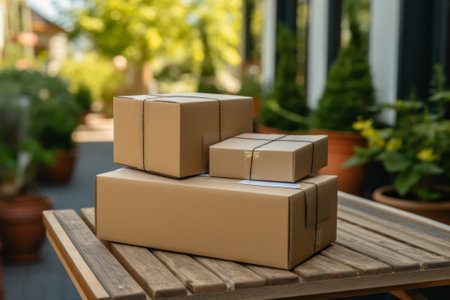 Close-up of delivered parcels at front door of a house. Cardboard boxes delivered by courier service. Flawless logistics and punctual delivery concept. Put your brand on the parcel surface.の素材
