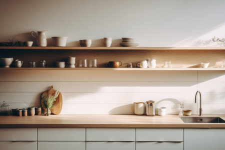 Interior of modern minimalist Scandi style kitchen. White facades, open shelves with utensils and dinnerware, wooden countertop, home appliances, beautiful light from window. Contemporary home design.の素材