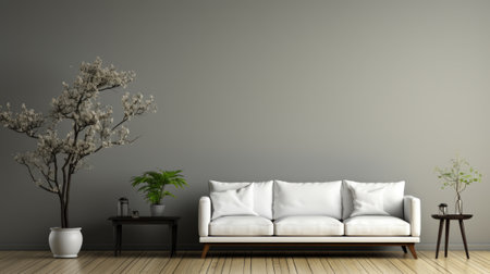 Empty minimalist living room in modern apartment. Grey walls, hardwood floor, comfortable white couch, coffee table, indoor plants in ceramic pots, beautiful light from large window. Mockup.の素材