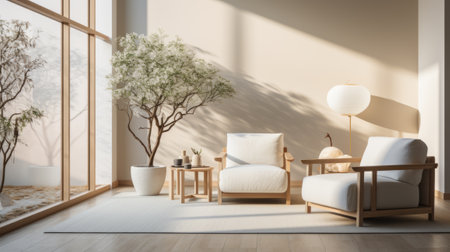 Relaxation room in a modern hospital with comfortable armchairs. A cozy, bright, comfortable premises in a modern clinic with indoor plants, where patients can relax or chat with visiting relatives.の素材