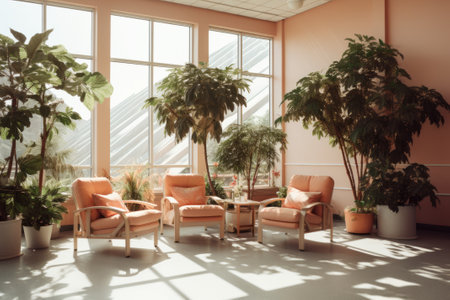 Relaxation room in a modern hospital with comfortable armchairs. A cozy, bright, comfortable premises in a modern clinic with indoor plants, where patients can relax or chat with visiting relatives.の素材