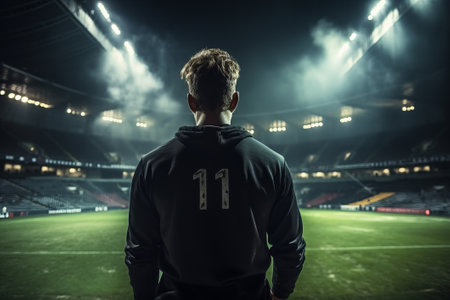 Half-length shot from behind of professional soccer player on the field of huge football stadium under the evening lighting. Determined male athlete ready to take to the field for championship match.の素材