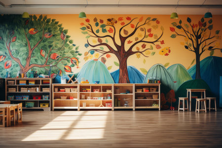 Interior of kindergarten preschool classroom. Walls painted with fabulous paintings, bright desks and chairs, shelves with toys and educational games, spacious play area. Happy childhood.の素材