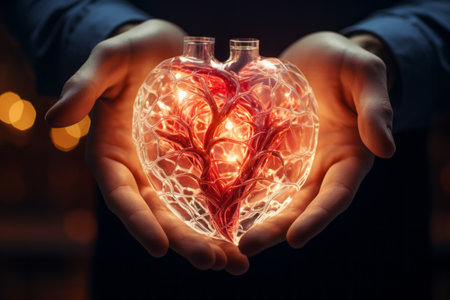 Close-up of human hands holding big glowing detailed 3D model of heart with blood vessels and veins. Healthy lifestyle, prevention of heart disease, cardiac monitoring. Take care of your health.の素材