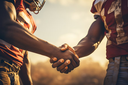 Cropped close-up of two American football players shaking hands. Determined muscular athletes in sports uniform and helmets greet each other before match or after tough game. Sport camaraderie spirit.の素材