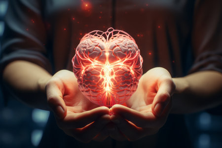 Network technology hologram of the human brain in human hands. in the sci-fi futuristic concept of AI, AI as helping a person to modernize the communication system with the whole world.の素材
