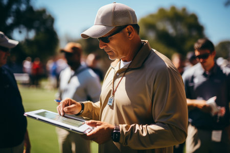 Close-up of a coach wearing a cap and T-shirt watching the game on the field. Takes notes on a tablet. Team players in the background. The coach studies the game strategy.の素材