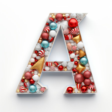 Volumetric capital letter A, decorated in a festive Christmas and New Year style. Christmas tree decorations, balls, pine cones, tinsel. Mockup for Christmas banner or background. Isolated on white.の素材