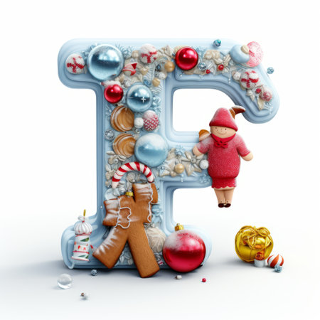 Volumetric capital letter F, decorated in a festive Christmas and New Year style. Christmas tree decorations, balls, pine cones, tinsel. Mockup for Christmas banner or background. Isolated on white.の素材