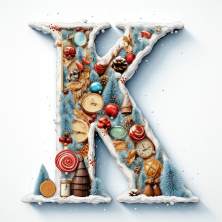 Volumetric capital letter K, decorated in a festive Christmas and New Year style. Christmas tree decorations, balls, pine cones, tinsel. Mockup for Christmas banner or background. Isolated on white.の素材