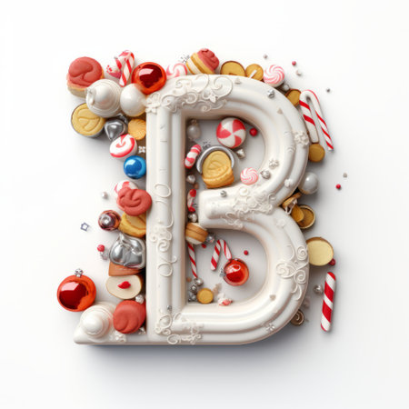 Volumetric capital letter B, decorated in a festive Christmas and New Year style. Christmas tree decorations, balls, pine cones, tinsel. Mockup for Christmas banner or background. Isolated on white.の素材
