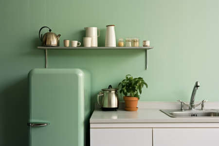 Fragment of modern minimalist kitchen with green wall and green retro refrigerator. White countertop with sink and plain white facades, plant in a pot, wall shelf with kitchen utensils.の素材