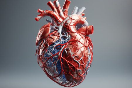 3D illustration of colorful human heart on white background. Human heart anatomy, atria and ventricles, valves, blood vessels and veins. Mockup for publications on medical topics.の素材