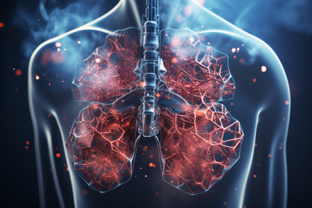 3D colorful illustration of human lungs on dark blue background. Human respiratory system anatomy, bronchia, pleura, trachea, blood vessels and veins. Mockup for publications on medical topics.の素材