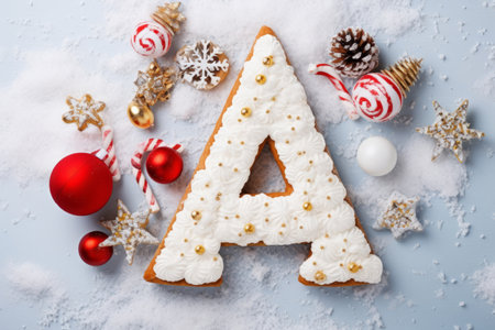Volumetric capital letter A, decorated in a festive Christmas and New Year style. Christmas tree decorations, balls, pine cones, tinsel, snow. Mockup for Christmas banner or background.の素材