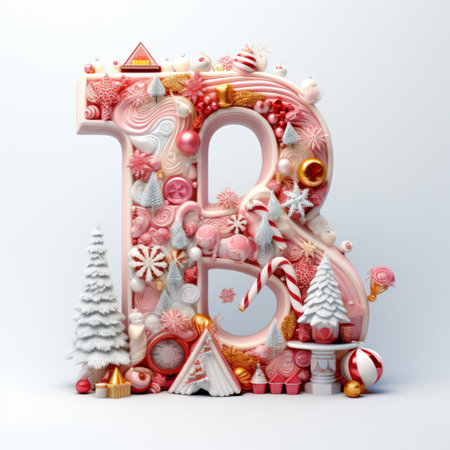 Volumetric capital letter B, decorated in a festive Christmas and New Year style. Christmas tree decorations, balls, pine cones, tinsel. Mockup for Christmas banner or background. Isolated on white.の素材