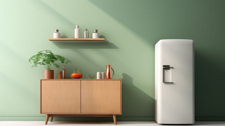 Fragment of modern minimalist kitchen with green wall and white retro refrigerator. Wooden countertop and cabinets, plant in a pot, wall shelf, jars with condiments.の素材