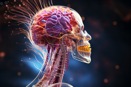 3D illustration of transparent human skull and colorful image human brain anatomy. Musculoskeletal tissue, nervous system, blood supply, neural connections. Mockup for publications on medical topics.の素材