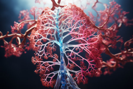 3D colorful illustration of human lungs on dark blue background. Human respiratory system anatomy, bronchia, pleura, trachea, blood vessels and veins. Mockup for publications on medical topics.の素材